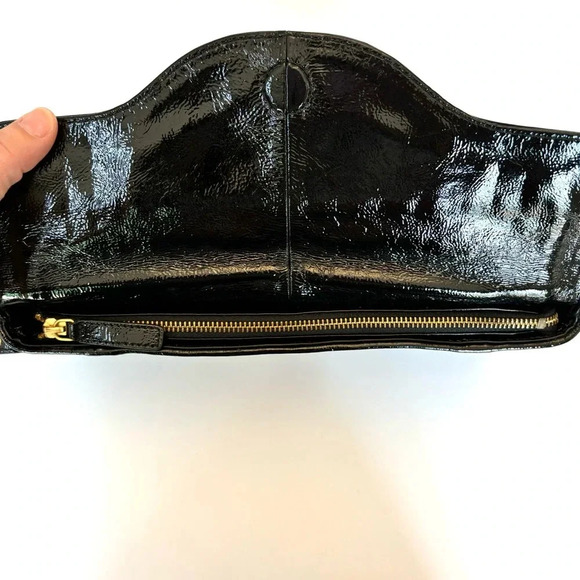Elliott Lucca Woven Black Patent Leather Zip Top Foldover Large Clutch Wristlet - Picture 8 of 11